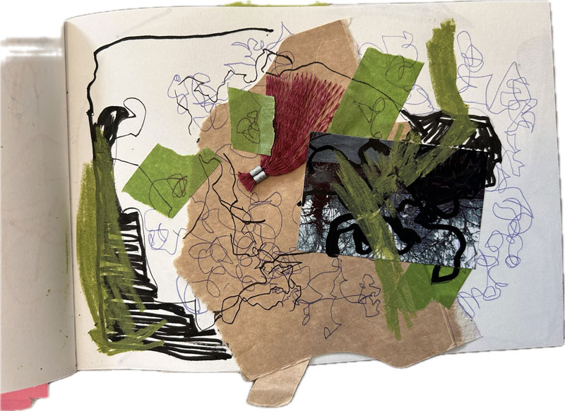 Sketch book page,found objects on cartidge and mark making by Camilla Santiapillai