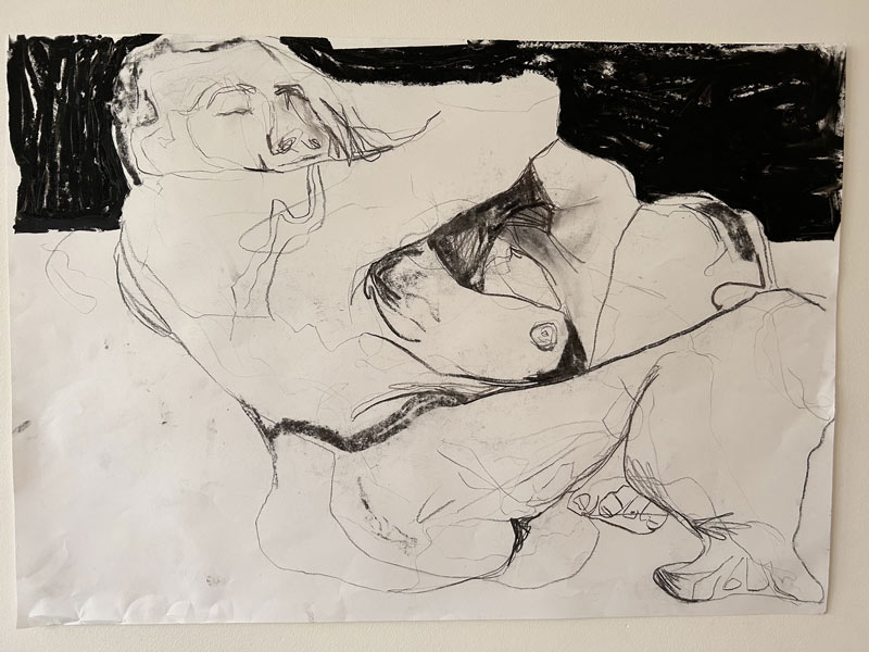 The Sleeping Woman Charocal and oil stick on cartridge by Camilla Santiapillai