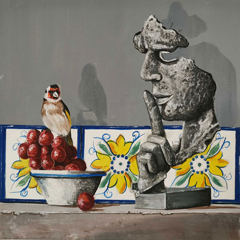 Francesco Connola Painting of a still life featuring a classical bust with a bird perched on some grapes