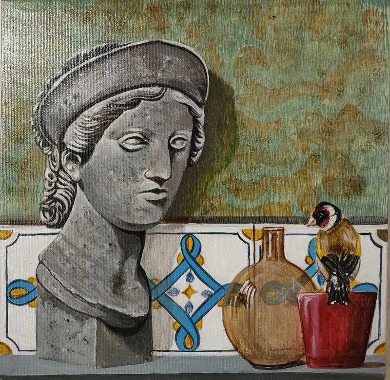 Francesco Connola Painting of a still life featuring a classical bust with a bird perched on a red glass