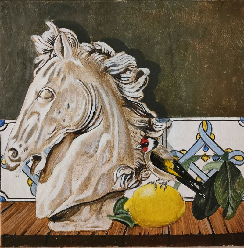 Francesco Connola painting of a still life featuring a classical horse bust and a bird perched on a lemon