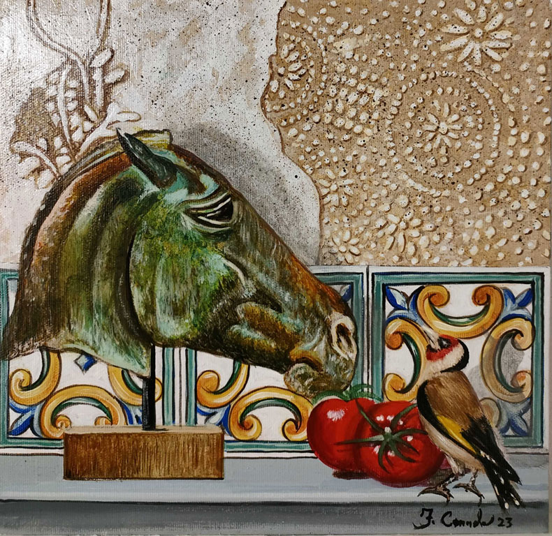 Francesco Connola Painting of a still life featuring a classical bust of a horse with a tomatoes