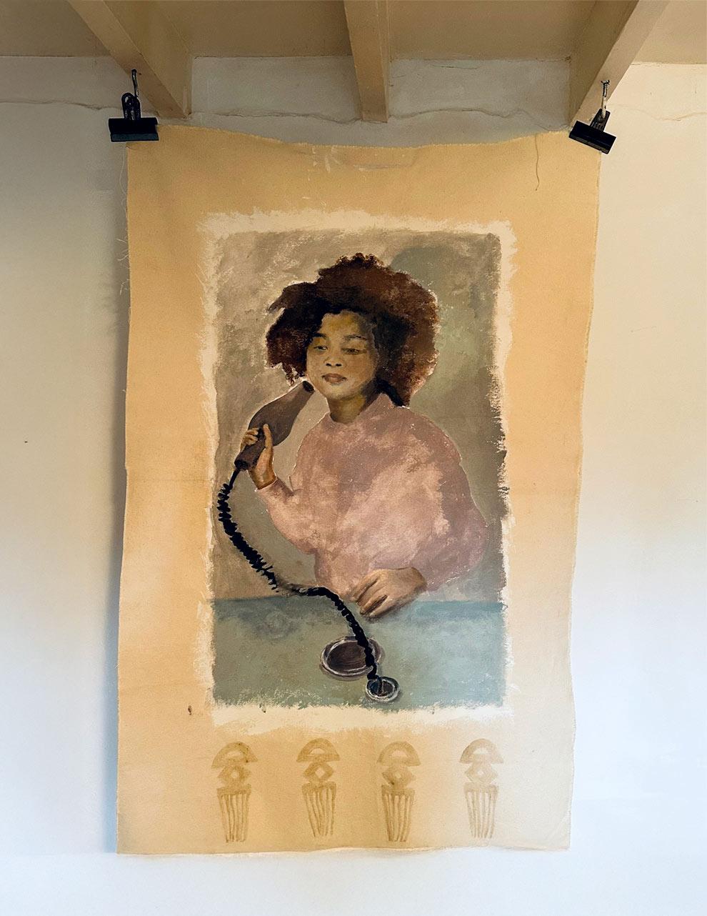 A Portrait painting of a child  with using hairdryer to dry their curls by Jenny Kirner