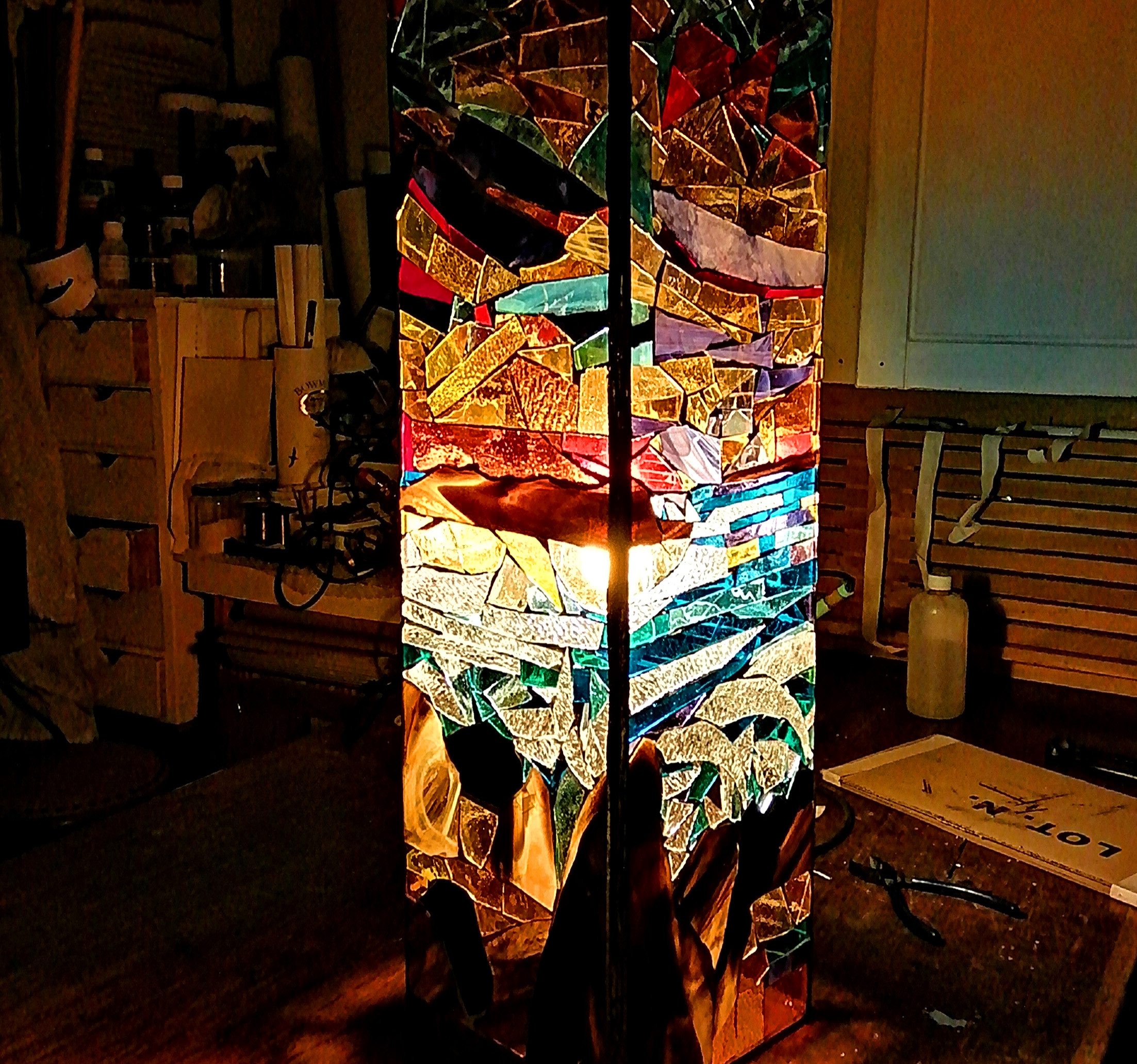 Stained Glass Lamp Geometric Sea Scape, in  Glass Artist Jill Fordham  Workshop