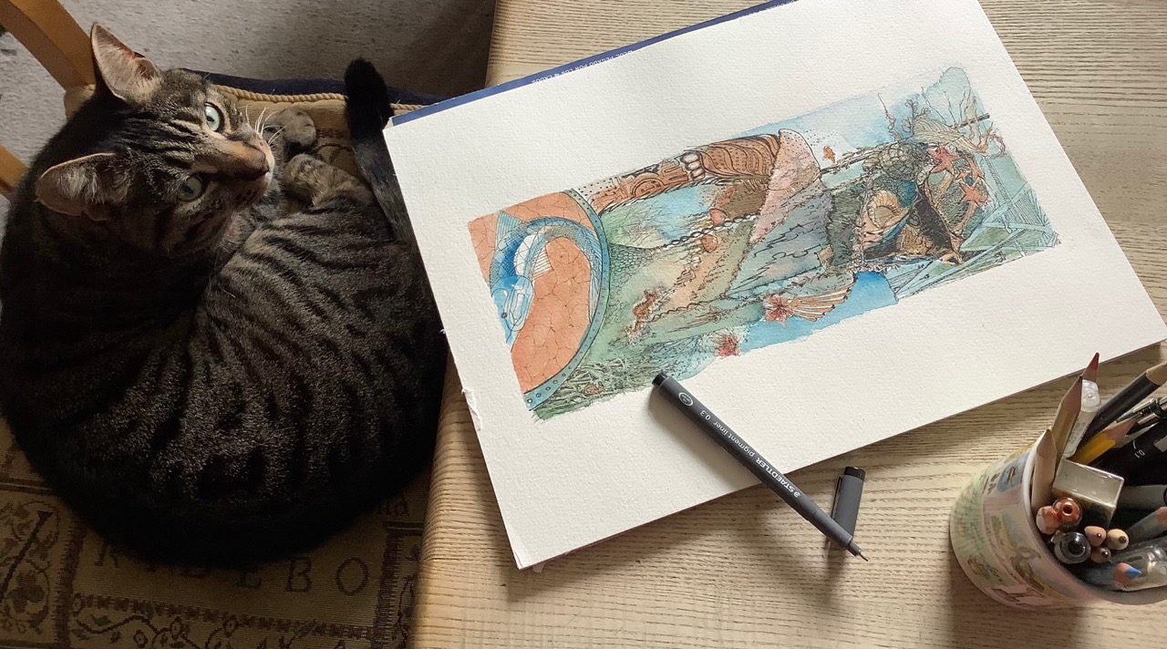 Ash and Merman Painting  By Artist Lesley Rumble