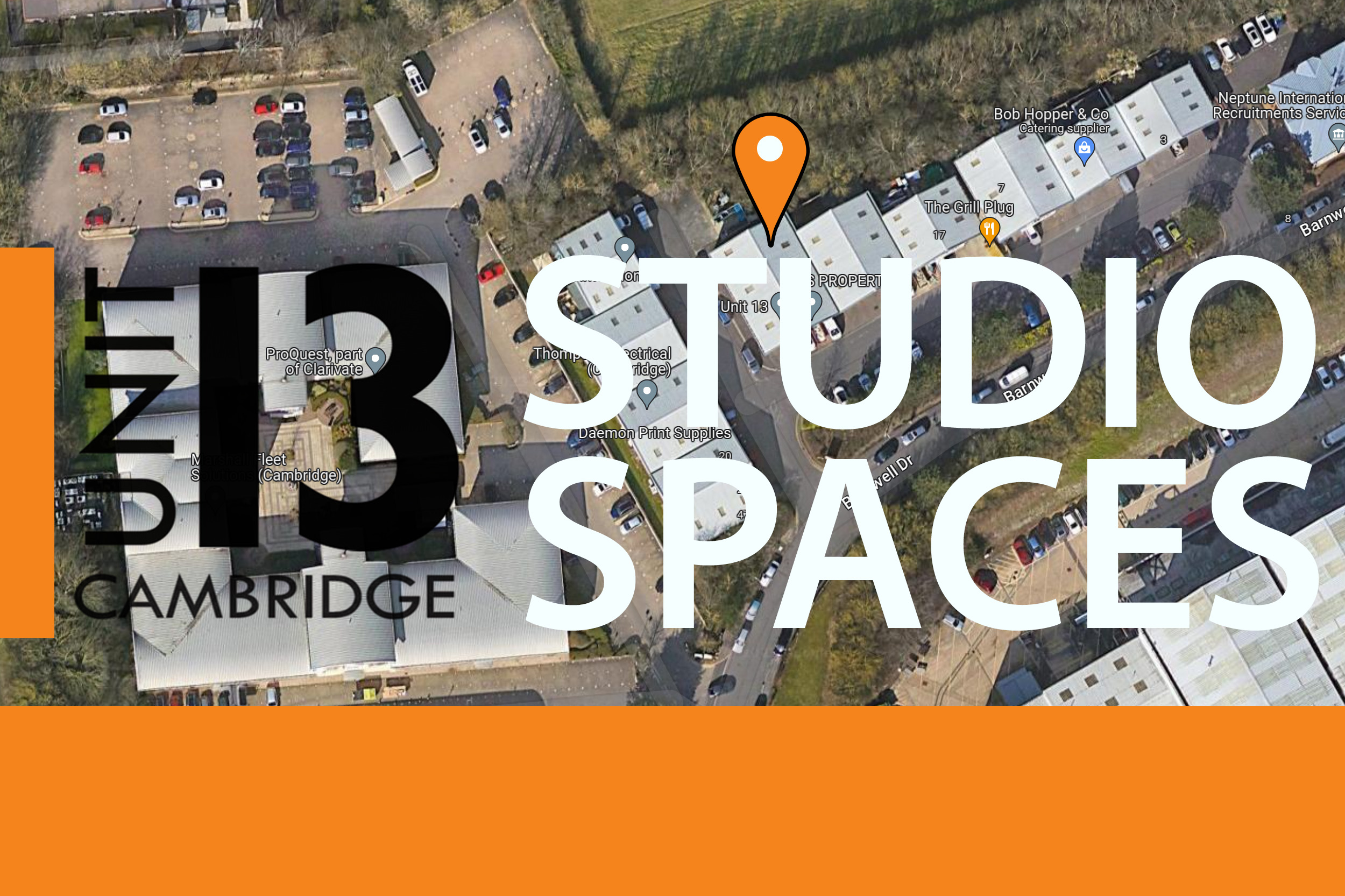 Ariel view of Unit 13 Cambridge with Unit 13's Logo